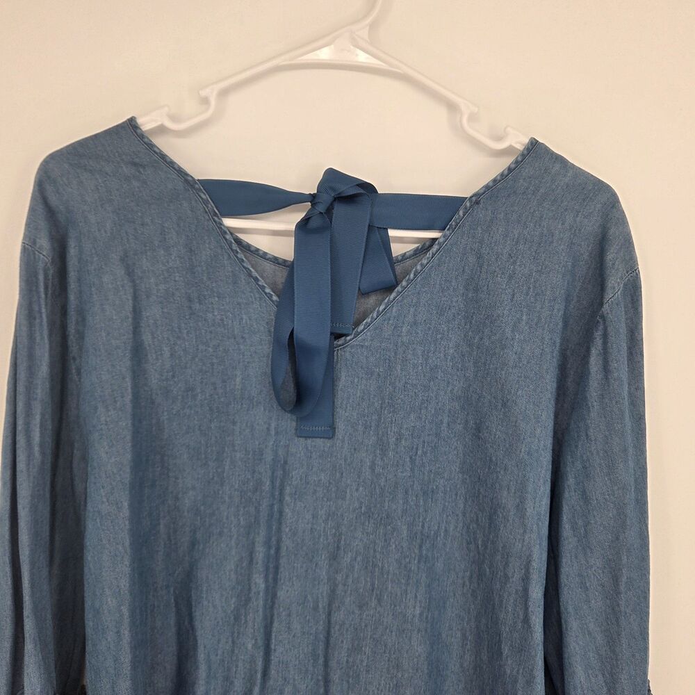 Womens Lg Blue Denim Crochet Lace Bell Sleeve Back Tie Blouse Western Fall Boho - Picture 5 of 9